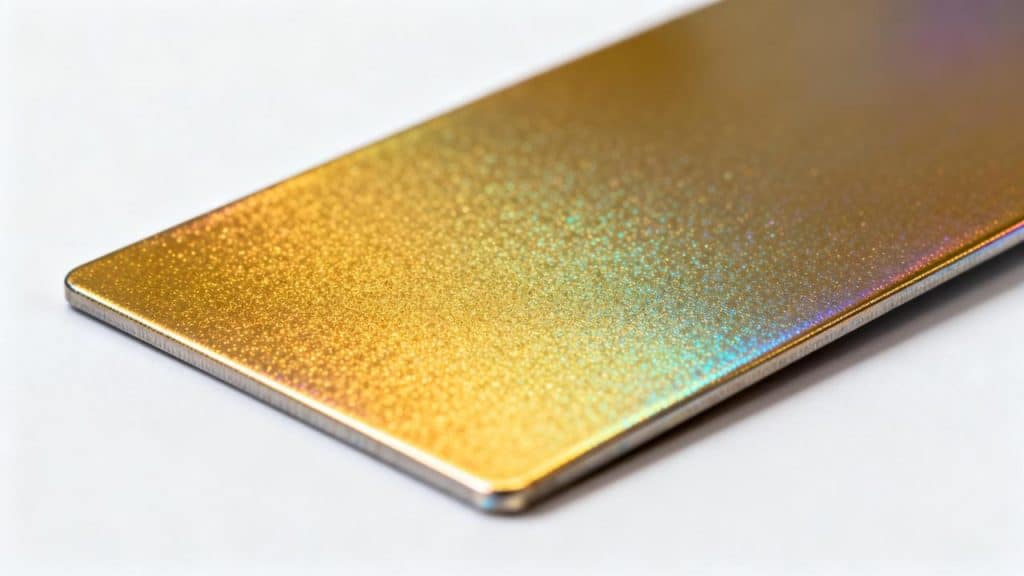 jimeng 2026 01 05 4606 一张专业材料特写摄影，一块经过阿洛丁（铬酸盐转化）处理的长方形铝合金板。表面呈现